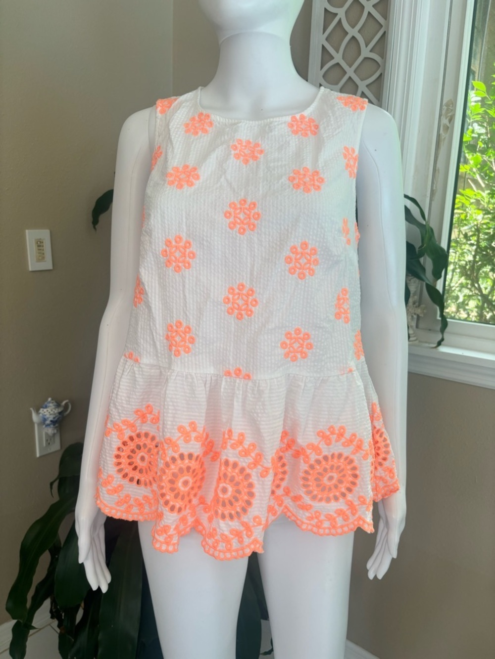 Lilly Pulitzer White Tank with Neon Coral Embroidery